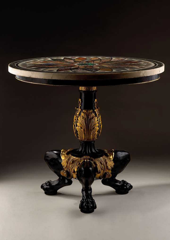 Important pietra dura marble table top, on a bronze and cast iron base